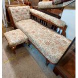 A 1.9m Edwardian stained walnut part show frame chaise longue with spindles to back and floral