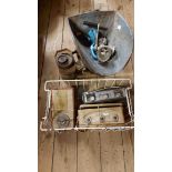 A set of cast iron scales with large galvanised pan - sold with a box containing a quantity of