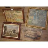 Three framed oil paintings and a stretchered oil on canvas with footstool - various condition