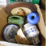 A box containing a quantity of assorted ceramics including green glazed SylvaC jug, blue and white