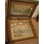 A pair of gilt framed and slipped small format coloured prints, both depicting coastal views -