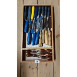 A wooden tray of chisels including Marples, etc.