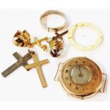 A small plastic box containing a 375 (9ct.) gold cased wristwatch with replacement battery movement,
