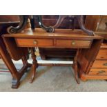 An 83cm reproduction mahogany sofa table with two frieze drawers, set on flanking turned supports