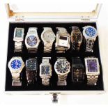 An aluminium display case containing a collection of twelve modern gentlemen's branded