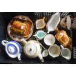 A crate containing a quantity of assorted ceramic items including Wedgwood teapot, Price