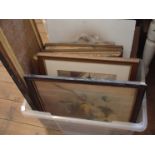 A crate containing a selection of framed original works and prints - various artists and