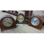 Two oak cased chiming mantel clocks - sold with a walnut cased eight day gong striking mantel clock
