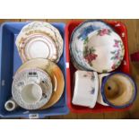 Two trays containing a quantity of assorted ceramic items including blue and white Cardiff Castle