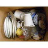 A box containing a quantity of assorted ceramic and glass items including Crown Staffordshire