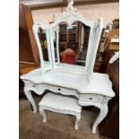 A 1.2m modern ornate dressing table, triple folding mirror and dressing stool, all with applied
