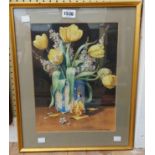 T. Tullidge: a gilt framed watercolour still life with vase of flowers and Oriental figure on a