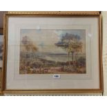 RHB: a gilt framed watercolour, depicting a view of a beach house at Worthing - printed sheet with