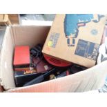 A box containing a quantity of assorted tools including boxed Black & Decker heat gun, sander, etc.