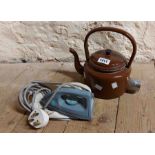 A vintage enamel electric kettle - sold with a travelling iron