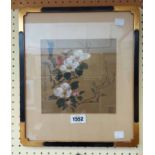 A decorative parcel gilt and black lacquer framed late Chinese floral study, with character