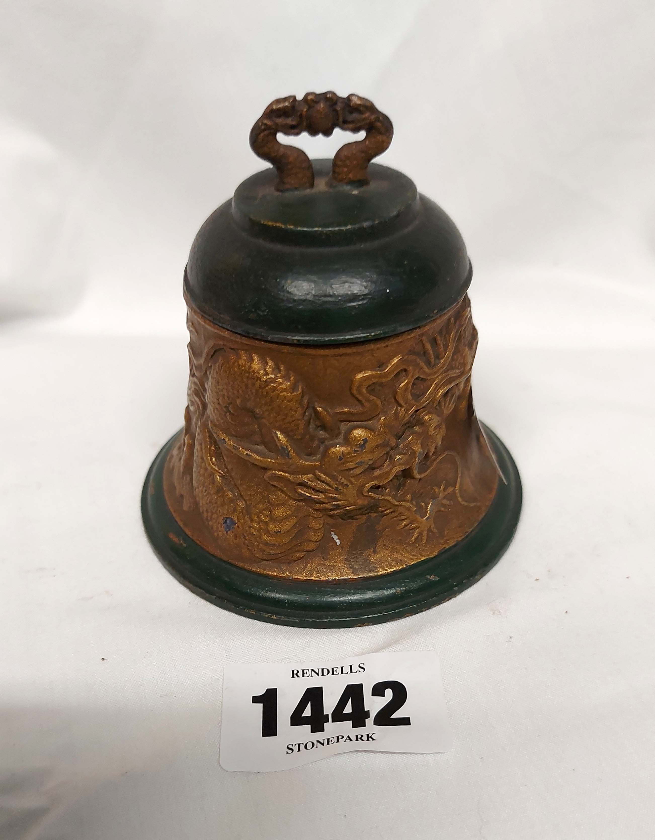 A Japanese cast metal inkwell of bell form with dragon decoration, lift-top lid and removeable glass
