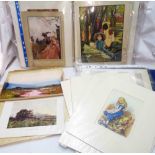 A bag containing a quantity of unframed prints including 1920's Alice in Wonderland, bookplates,