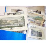 A folder containing a collection of unframed coloured engravings and other prints, original