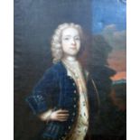 An ebonised framed antique oil on canvas portrait of a young boy wearing a blue frock coat -