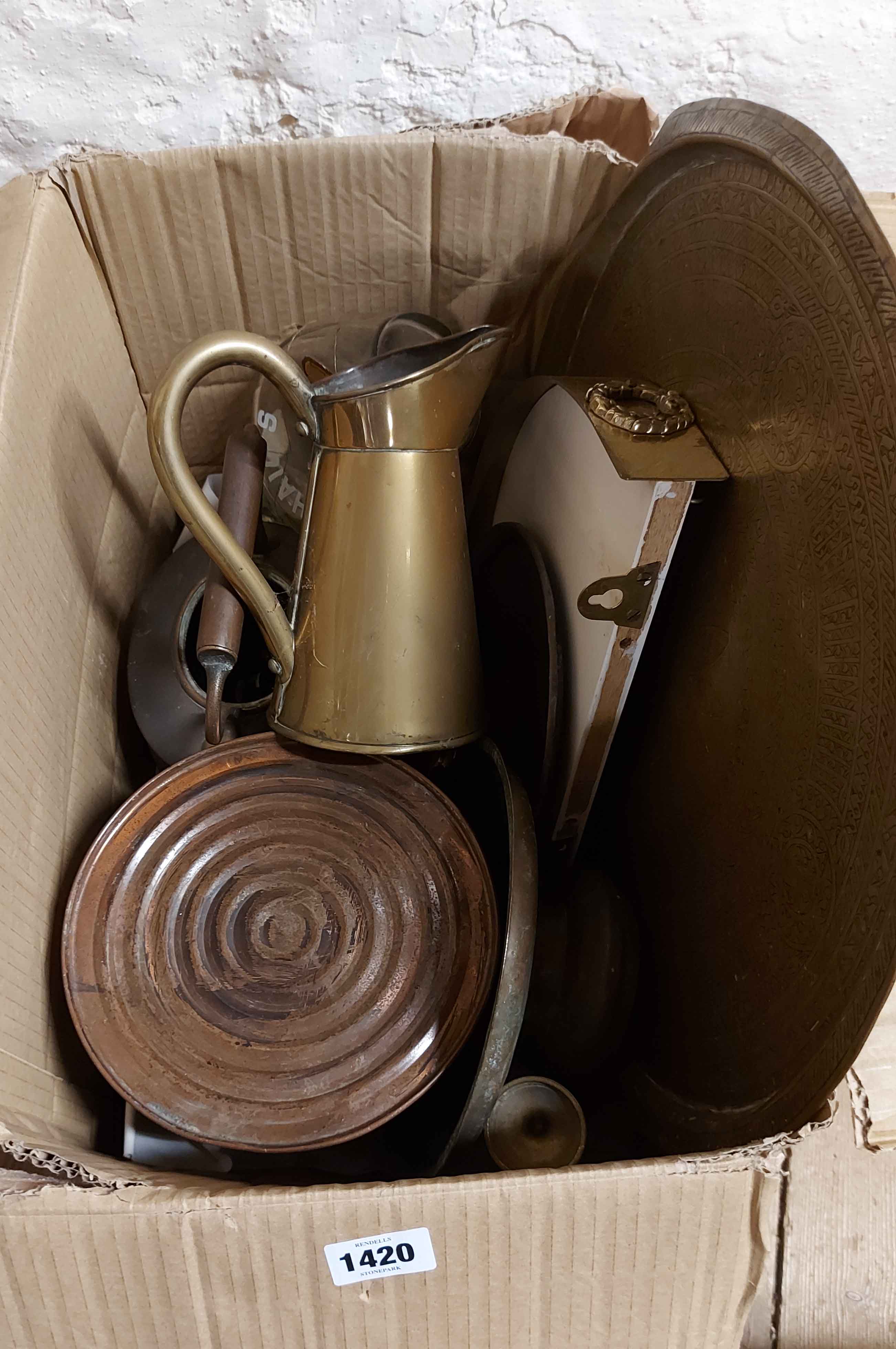 A box containing a quantity of brass, metalware and other collectable items including kettle,