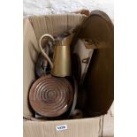 A box containing a quantity of brass, metalware and other collectable items including kettle,