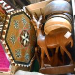 A box containing a quantity of wooden items including wooden bowls, an inlaid tray, figurines etc.