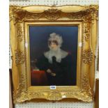 An ornate gilt gesso framed re-lined oil on canvas portrait of a seated lady with lace headdress -