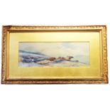 Tom Rowden: an ornate gilt framed panoramic watercolour, depicting cattle in a moorland setting -
