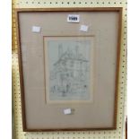 A framed pencil sketch, depicting a named street view in France