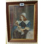 An oak framed watercolour portrait of a Tudor style young woman sitting on a bed and reading a book