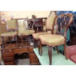 Five assorted antique framed dining chairs, all with matching striped upholstery, comprising three