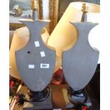 A pair of modern metal table lamps of flattened vase form, with gunmetal grey finish - sold with