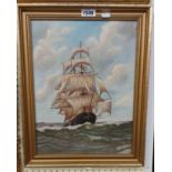 E. Aubrey: a gilt framed oil on board, depicting a three masted sailing vessel on choppy seas -
