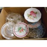 A box containing a quantity of assorted ceramic and glass items including cake plates, etc.