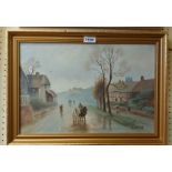 E. Aubrey: a gilt framed oil on board, depicting a rural village scene - signed.