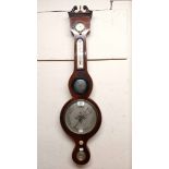 A 19th Century mahogany and strung banjo barometer/thermometer with storm dial to top central convex