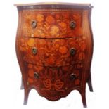 A 76cm antique marquetry bombe commode chest with serpentine front profuse floral and bow decoration