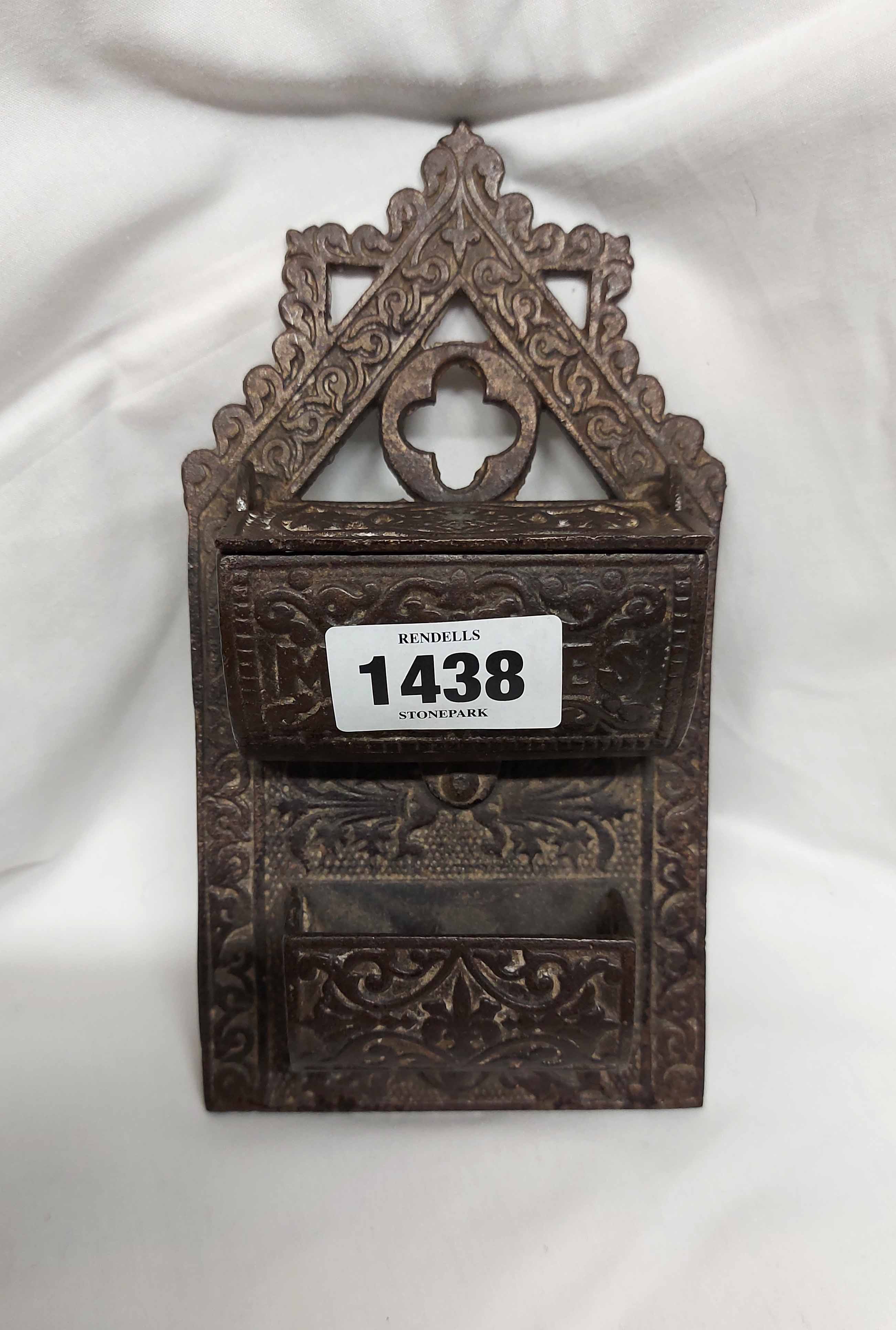 A Victorian cast iron wall mounted match holder, with lift-top compartment and strike sides - sold - Image 2 of 2