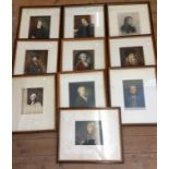 A set of ten antique Museum Galleries coloured portrait mezzotints all depicting notable 19th