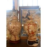 A pair of modern Chinese porcelain table lamps of lidded jar form, set on hardwood stands