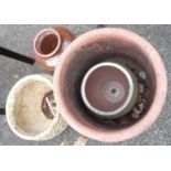 Three garden plant pots of varying design - sold with a salt glazed stoneware flagon