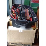 A box containing a quantity of tools and autojumble including Mini Cooper cam cover, tool belt,