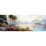 Roland Stead: a gilt framed and slipped panoramic watercolour, depicting a mountain lake view -