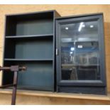 A modern black painted wood three shelf open bookcase - sold with a similar glass fronted cabinet