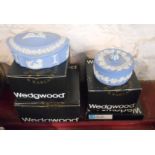 Four Wedgwood blue Jasperware items in original boxes comprising bean box, silver box, heart box and