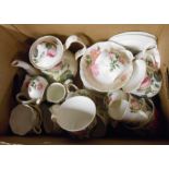 A box containing a quantity of Roy Kirkham bone china teaware in the Redoute pattern including