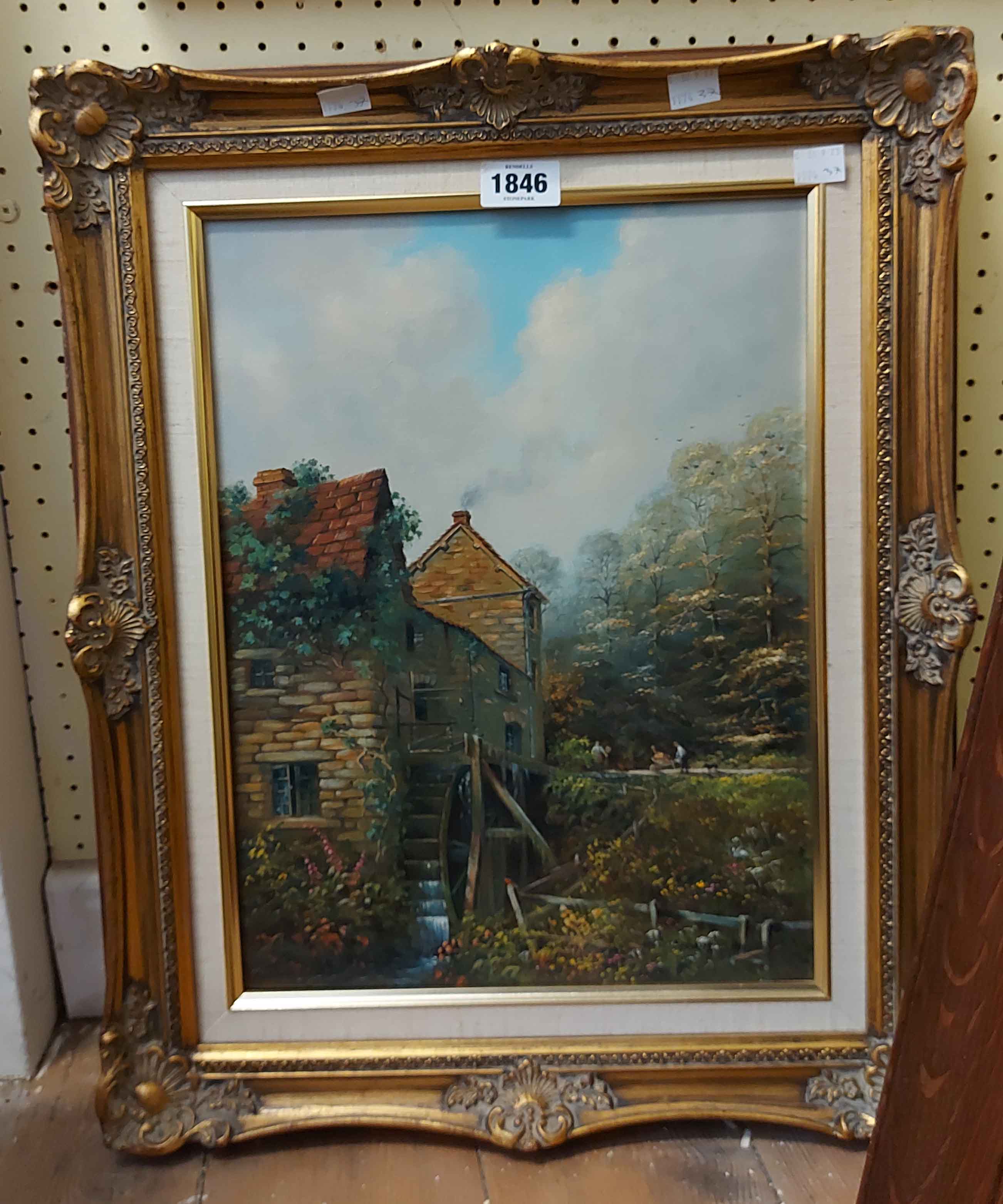 George Horne: A gilt and hessian framed oil on canvas entitled 'Castle Mill, Berry Pomeroy' - signed