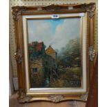 George Horne: A gilt and hessian framed oil on canvas entitled 'Castle Mill, Berry Pomeroy' - signed