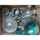 A box containing a quantity of assorted silver plated items including biscuit barrel, mustard pot,